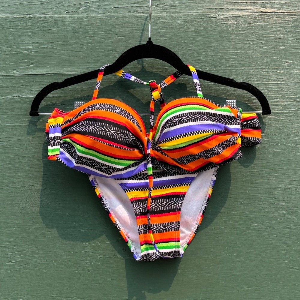 Colorful‎ Stripe Tribal Print Push Up Halter Bikini Set Neon Multi Medium